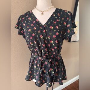 Floral Wrap Top - Black with Pink and Green Accents